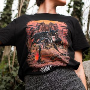 T-shirt pour metalleux représentant un Cerbère qui garde le château de Satan