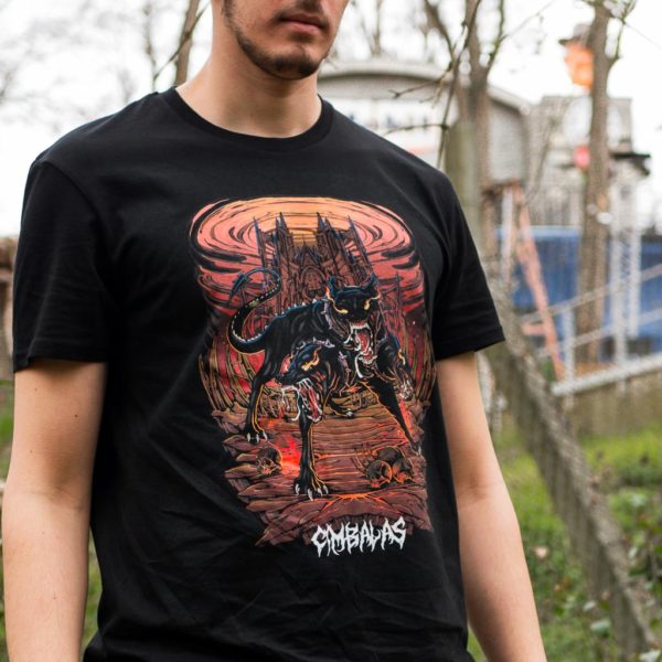 T-shirt metal représentant un Cerbère qui garde le château de Satan